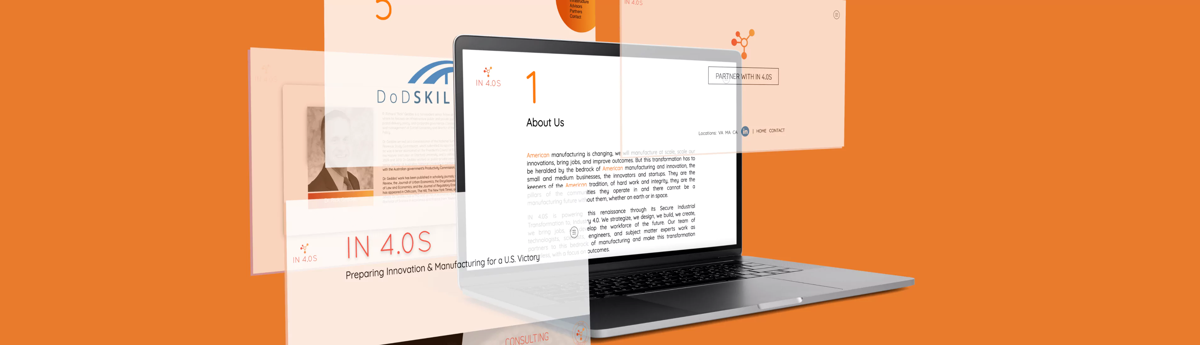 in4.0s company website pages shown on a laptop with orange background